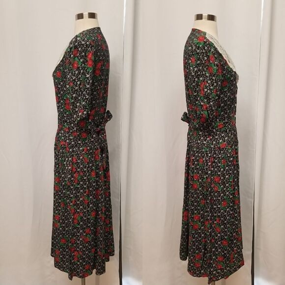 Vintage 80s Retro Gothic Floral Rose Lace Belted Button Front Midi Dress Md - Picture 2 of 8